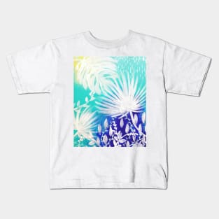 White tropical leaves on blue Kids T-Shirt